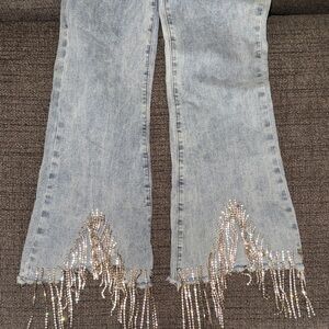 Light Blue Rhinestone Fringe Ankle Jeans